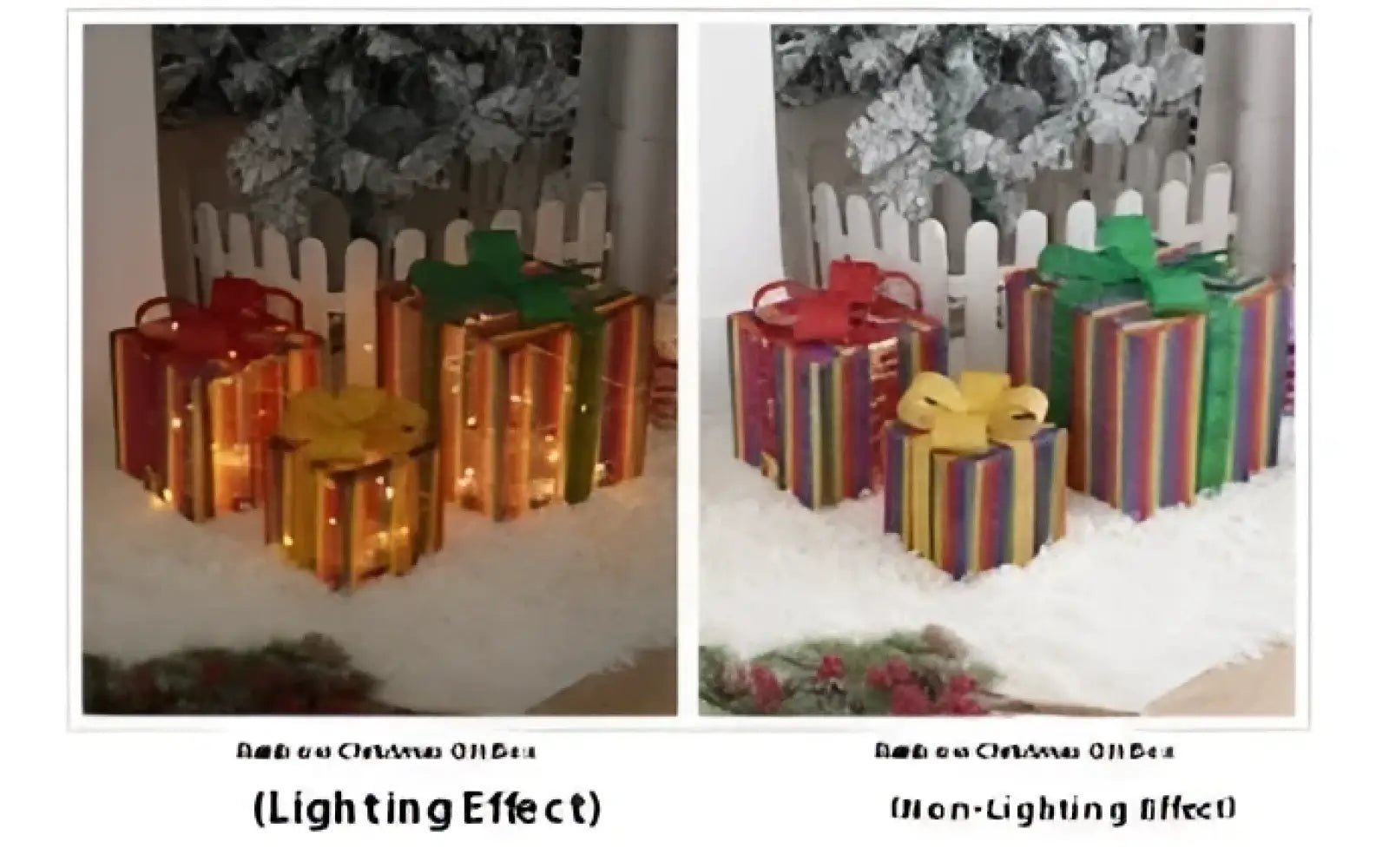 Led christmas gift box set with glitter bows showing side-by-side comparison with and without lighting effect