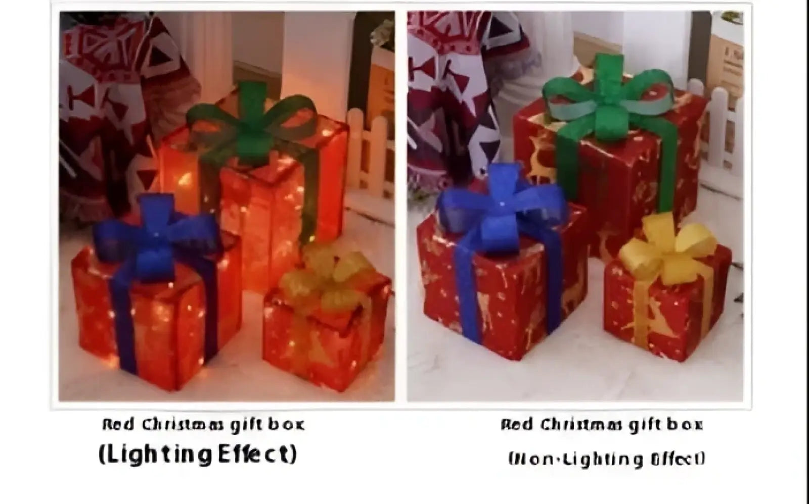 Led christmas gift box set featuring a red box with shiny festive wrapping and a decorative green or blue glitter bow