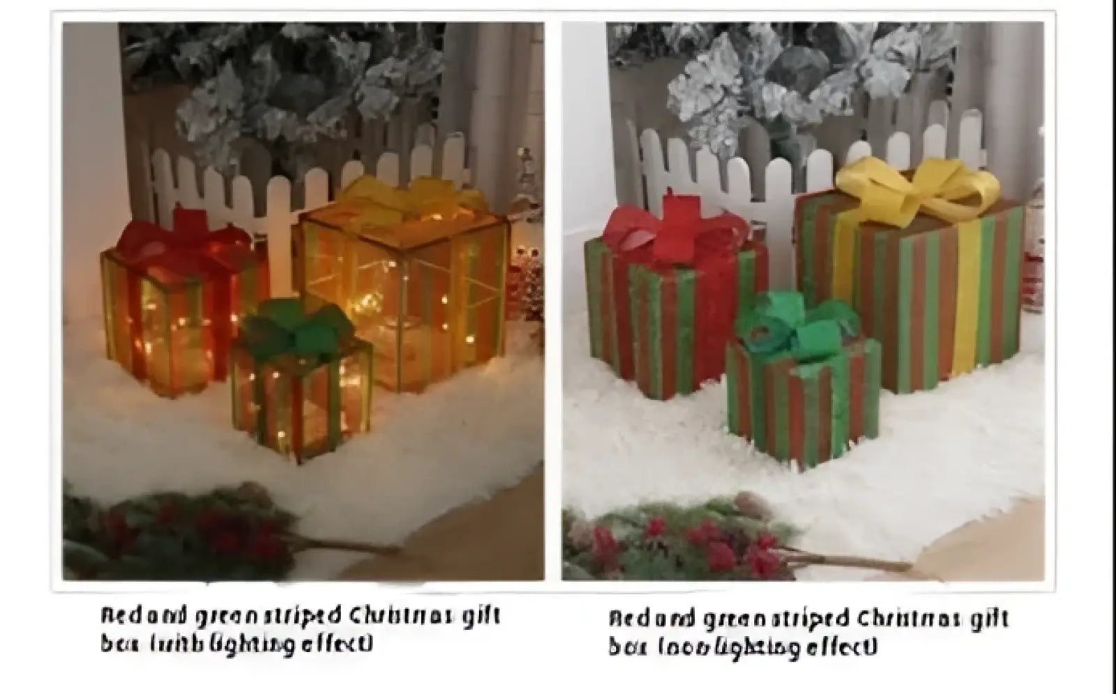 Led christmas gift box set featuring a red and green striped box with a glowing translucent finish and glitter bows
