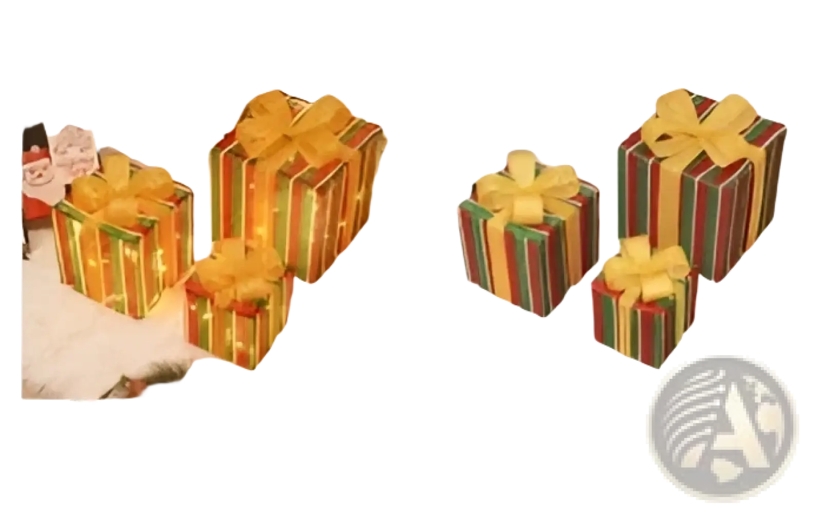 Led Christmas gift box set featuring a red green and white striped box with a glittery golden bow decoration
