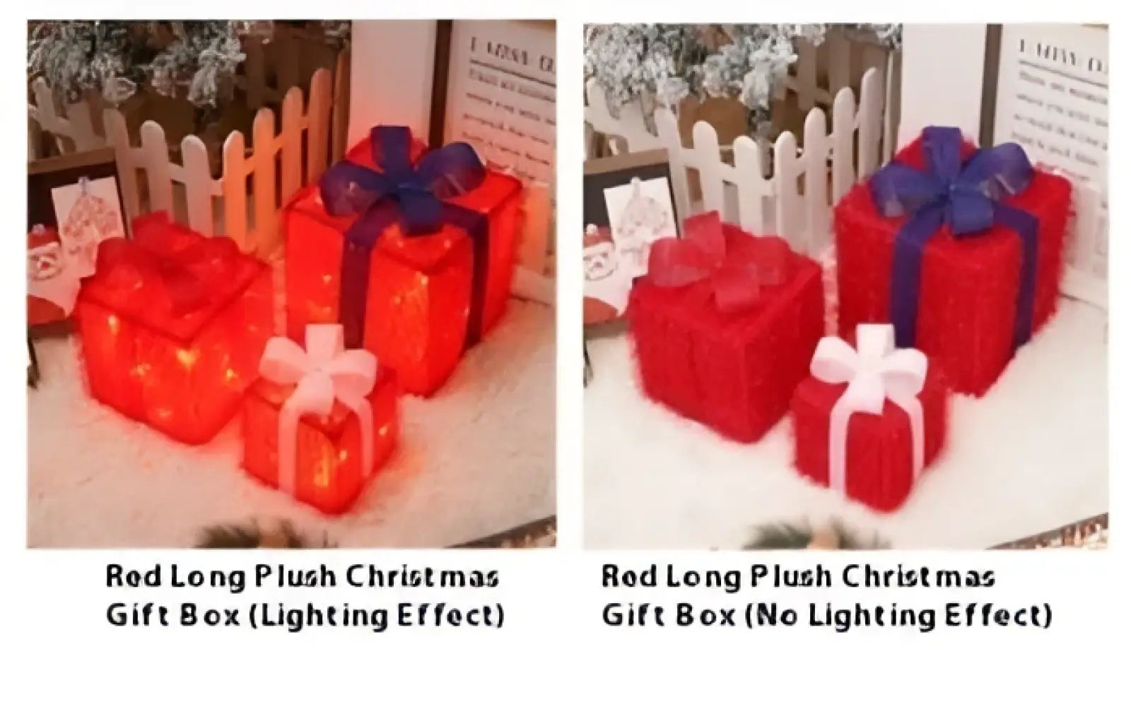 Led Christmas gift box set featuring a red long plush box with a white bow and blue ribbon and soft fabric texture
