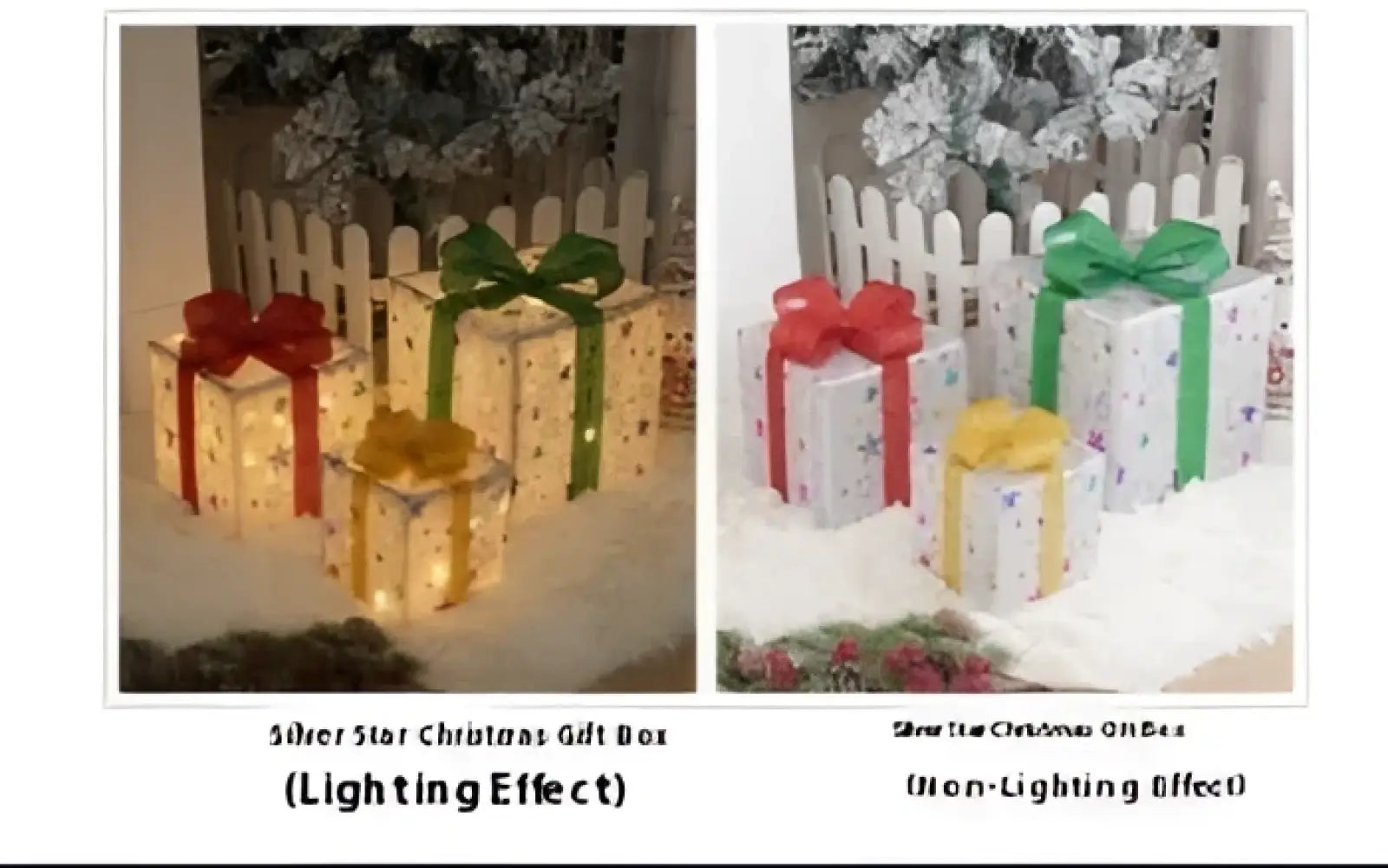 Led christmas gift box set featuring silver boxes with glitter bows in red green and gold ribbons for festive decor