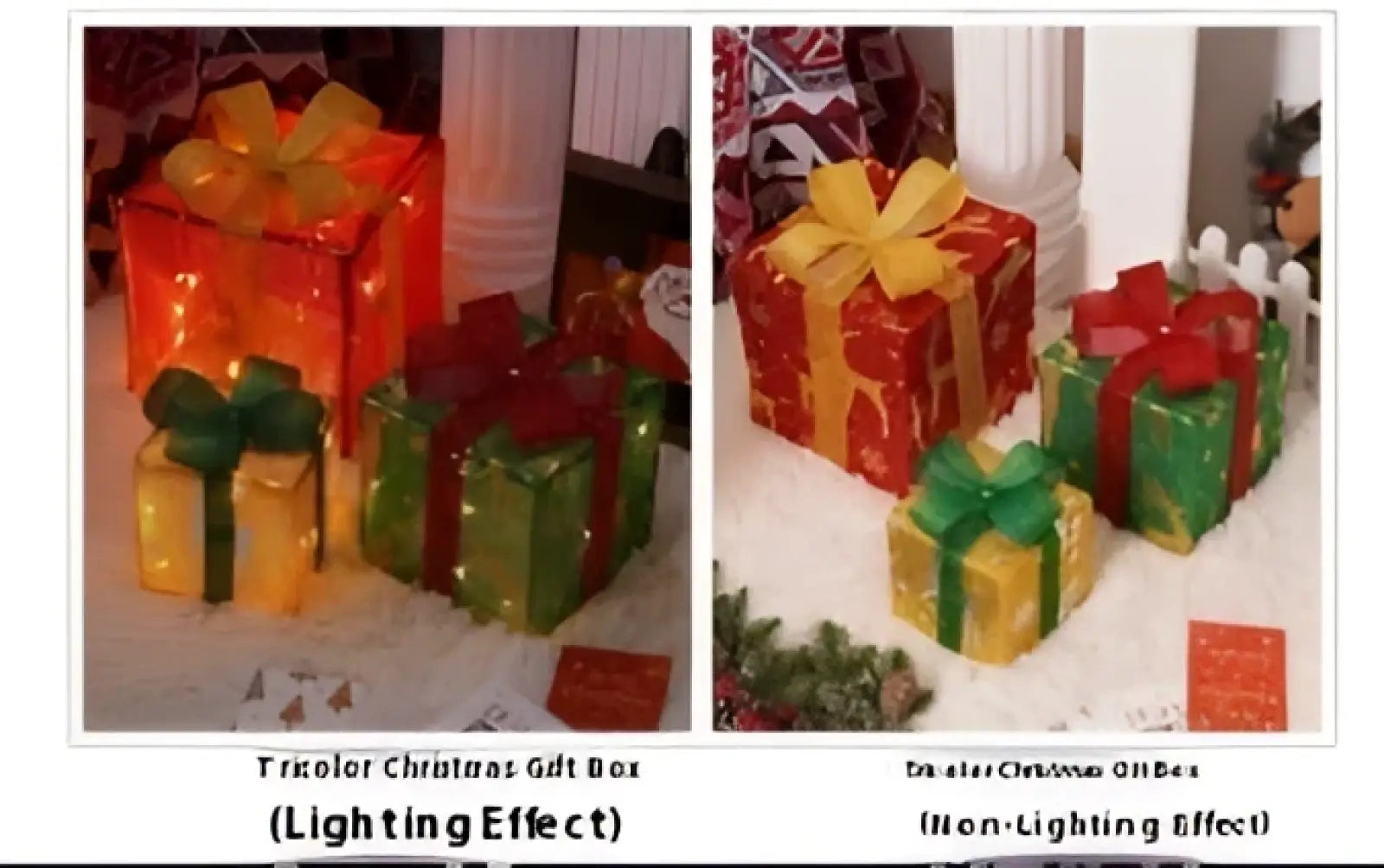 Led christmas gift box set with glitter bows featuring two decorative sets, one with glowing lighting effect and one without