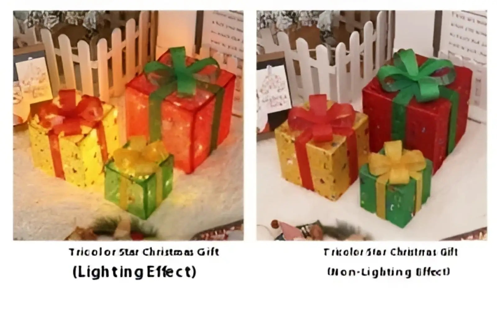 Led christmas gift box set with red green and gold tricolor star boxes featuring shiny foil wrapping and glitter bows