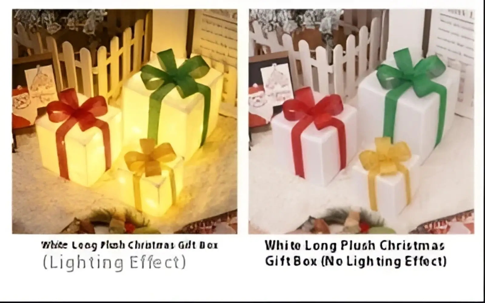 Led christmas gift box set with white plush exterior and green glitter bow available in illuminated and non-illuminated versions