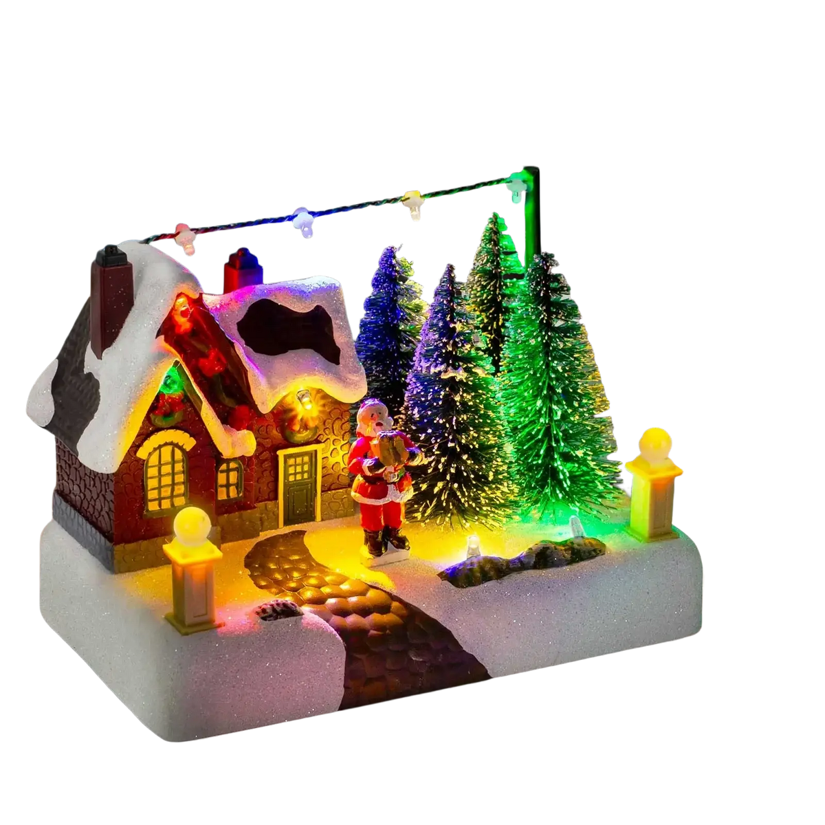 Led Christmas village house with santa and snow featuring a snow-covered lit house and colorful miniature trees