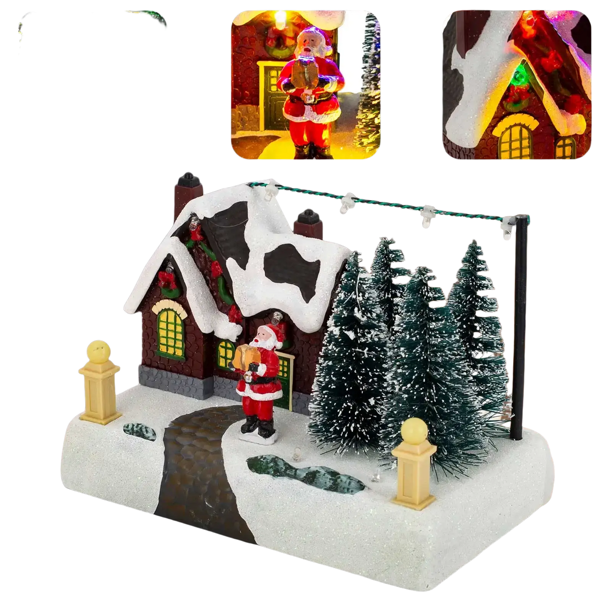 Led christmas village house with santa and snow featuring a red and white illuminated house with pine trees and santa figurine