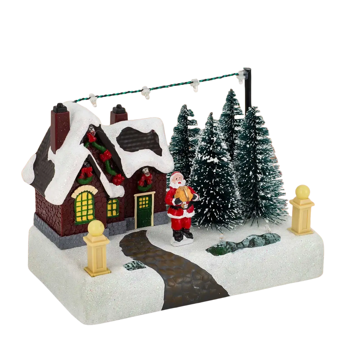 Led christmas village house figurine with snow-covered roof santa claus figure green pine trees and decorative lights