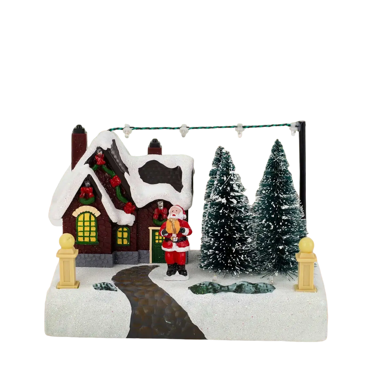 Led Christmas village house figurine with snow-covered roof red and green details santa and frosted pine trees on glittery base