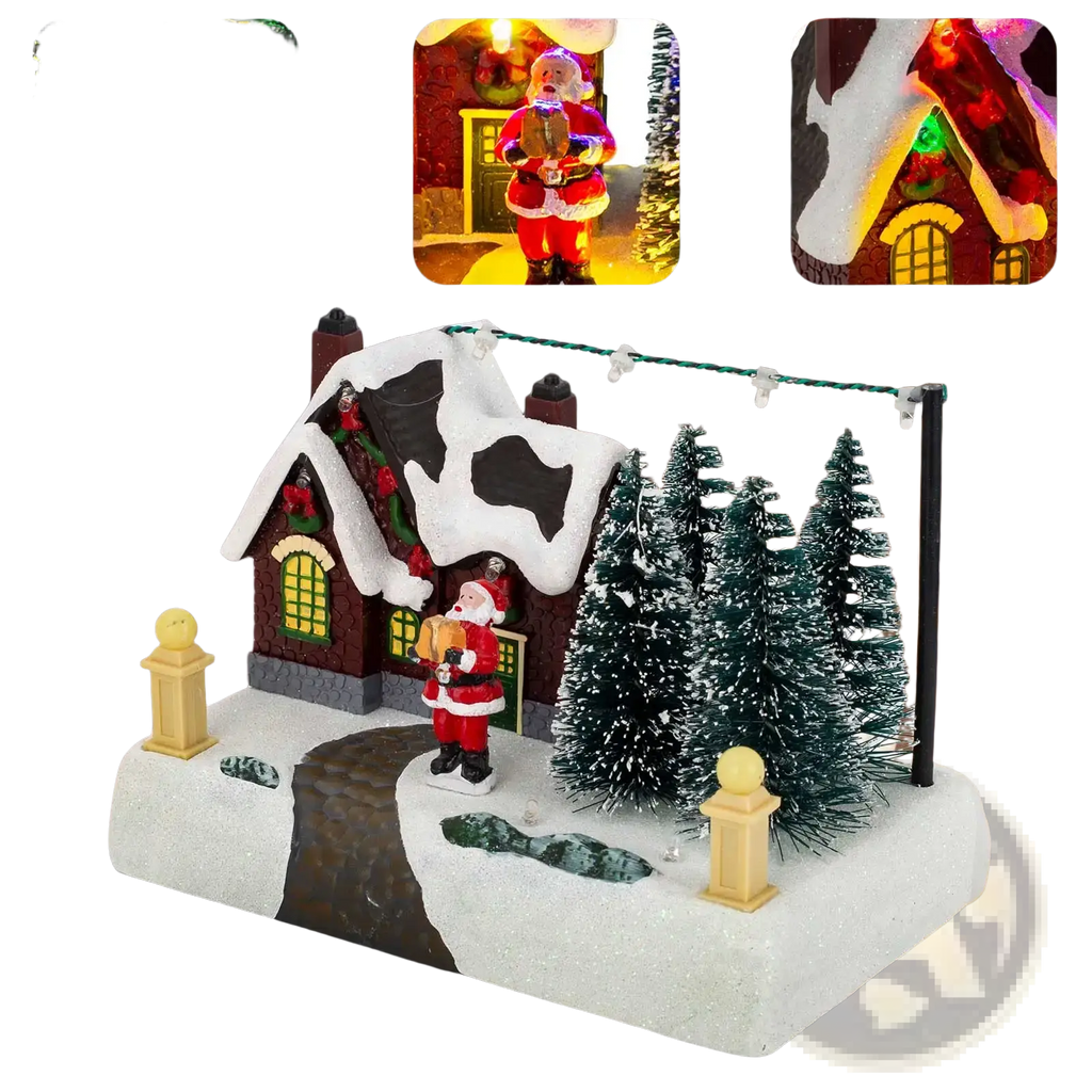 Led christmas village house with santa and snow featuring a red and white illuminated house with pine trees and santa figurine