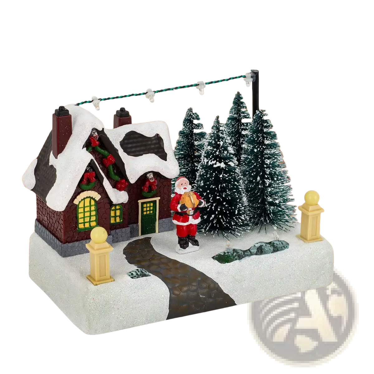 Led christmas village house figurine with snow-covered roof santa claus figure green pine trees and decorative lights
