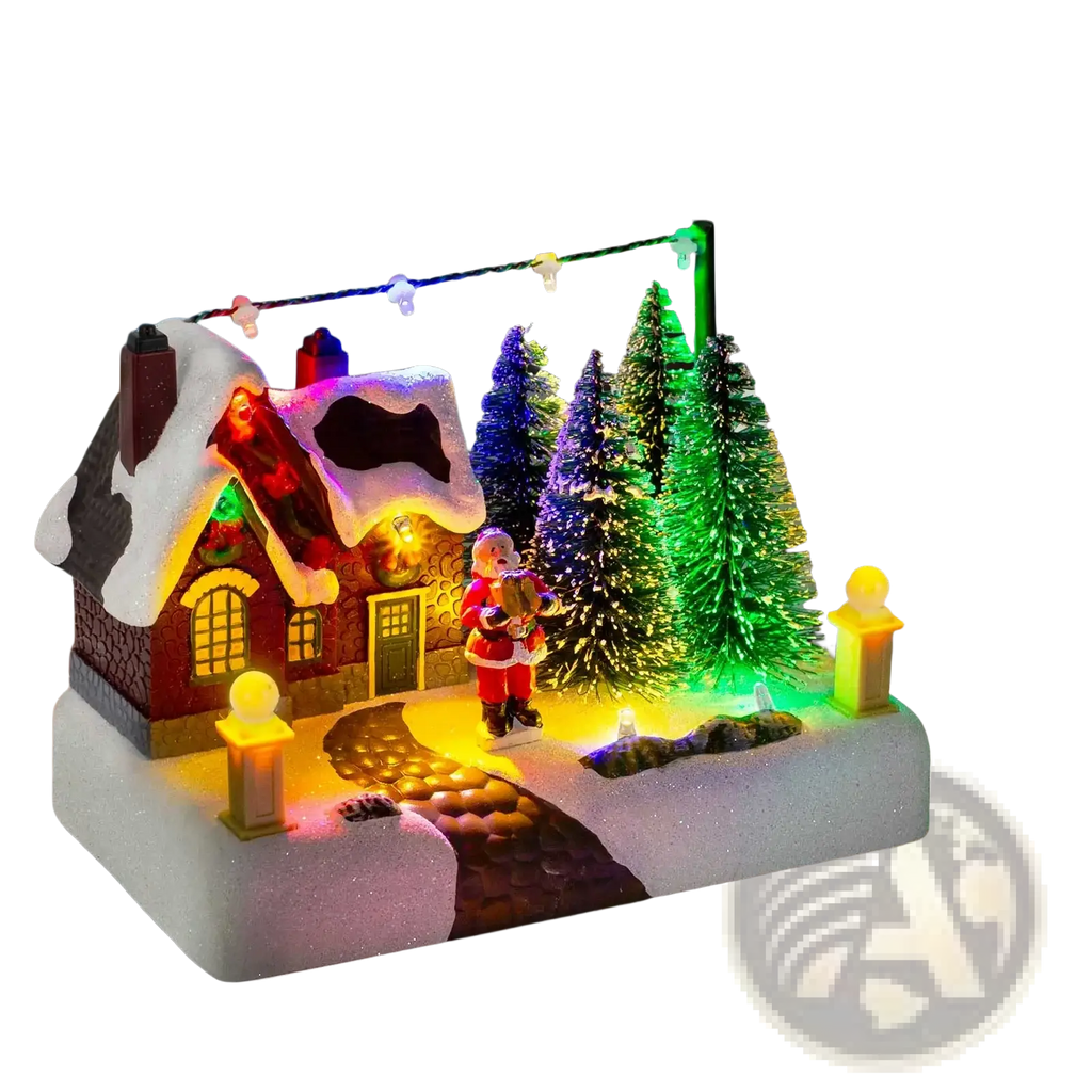Led Christmas village house with santa and snow featuring a snow-covered lit house and colorful miniature trees