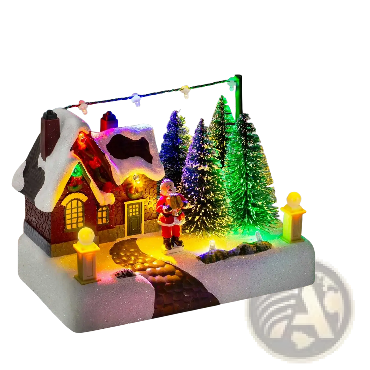 Led Christmas village house with santa and snow featuring a snow-covered lit house and colorful miniature trees