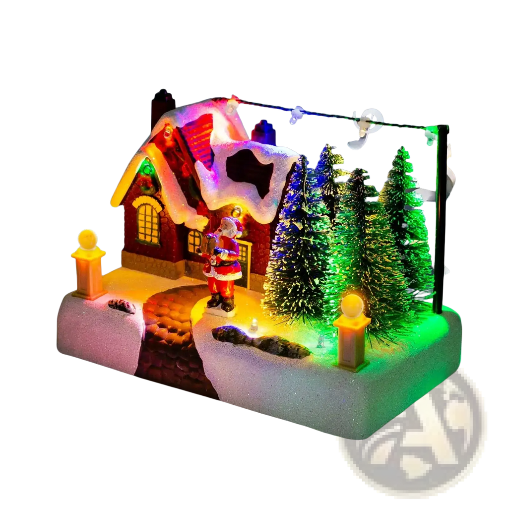 Led christmas village house featuring a red snow-dusted roof with santa and glowing windows surrounded by pine trees