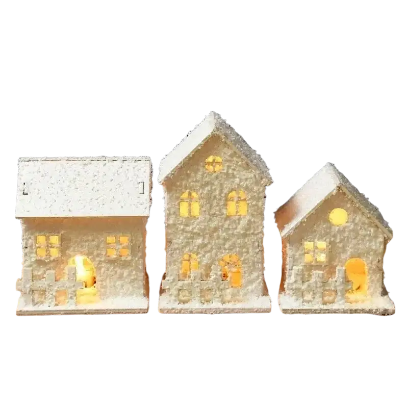 Led christmas village house tabletop ornament featuring three white snow-covered houses with glowing yellow lights