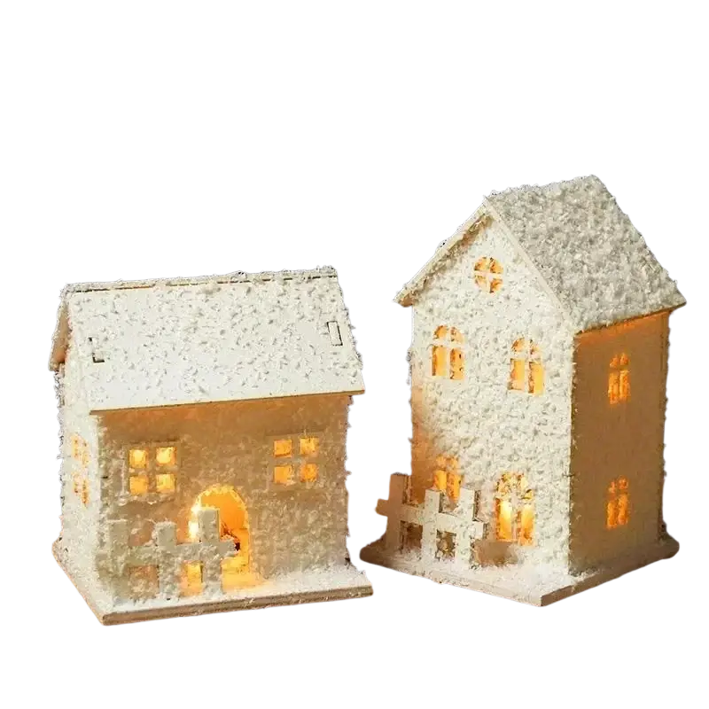 Led christmas village house tabletop ornament featuring two illuminated white houses with snow-dusted textured roofs and glowing windows