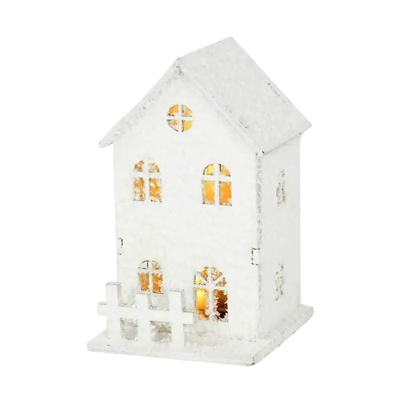 Led christmas village house tabletop ornament white distressed wooden lantern with frosted glass glowing warmly