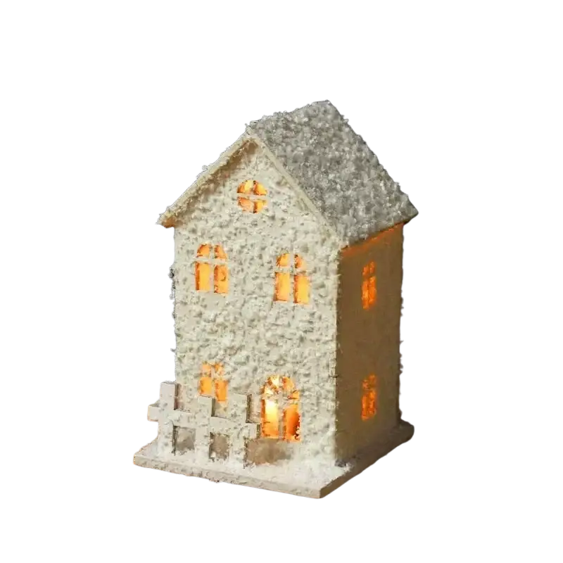 Led christmas village house tabletop ornament in white textured material with glowing orange lights and snowy roof