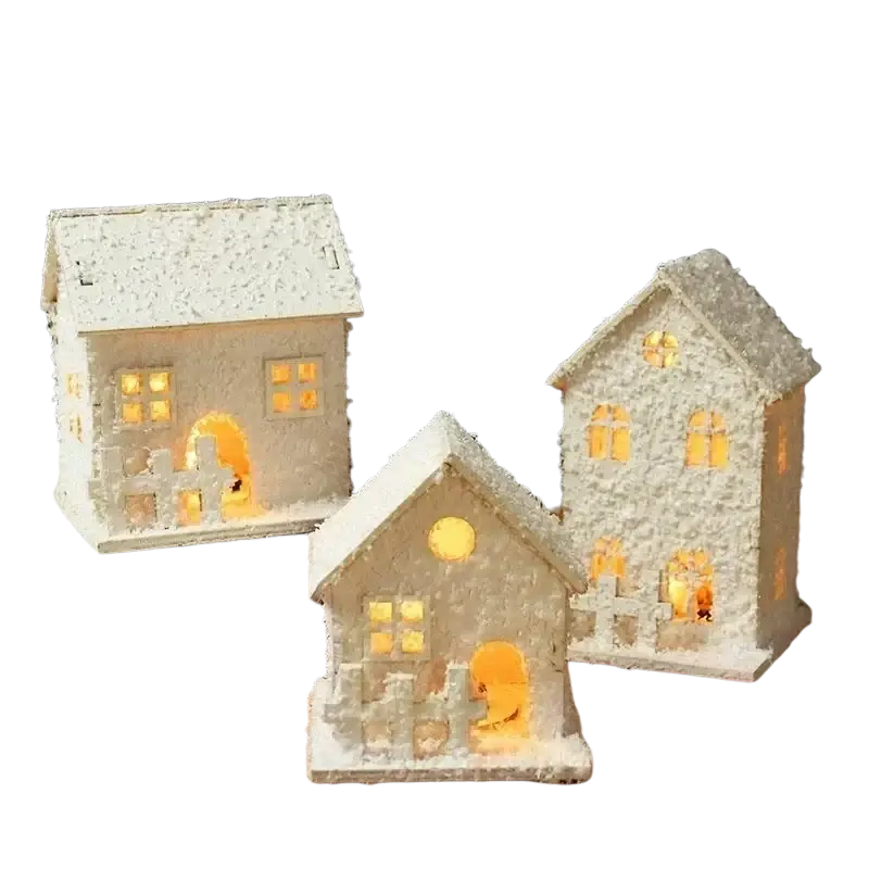 Led christmas village house tabletop ornament featuring white textured miniature lanterns with glowing windows and doors
