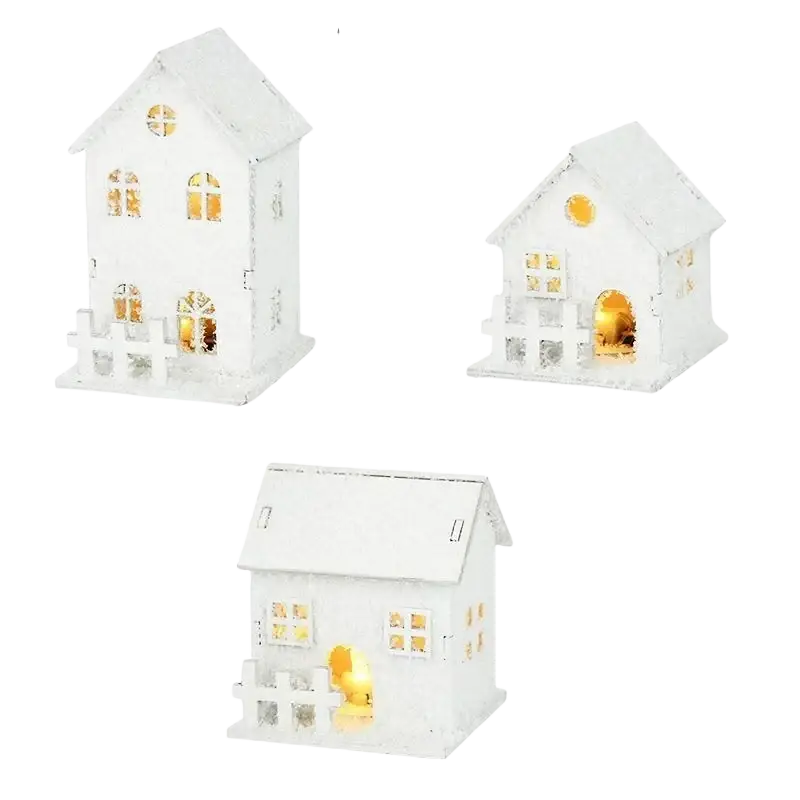 Led christmas village house tabletop ornament featuring white wooden lanterns with frosted glass and warm light