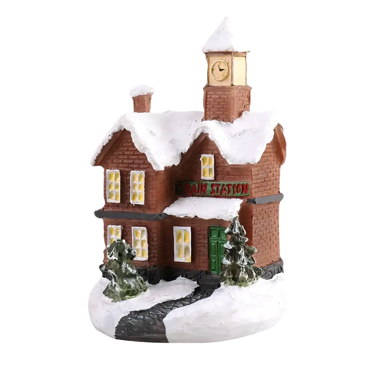 Brown brick train station figurine with snow-covered roof green door and clock tower led christmas village night light