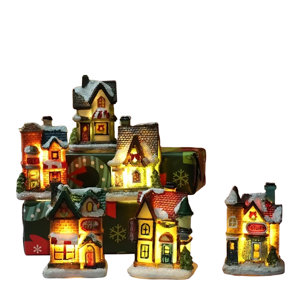 Led christmas village houses battery operated night light with miniature illuminated snow-dusted roofs and festive wreaths