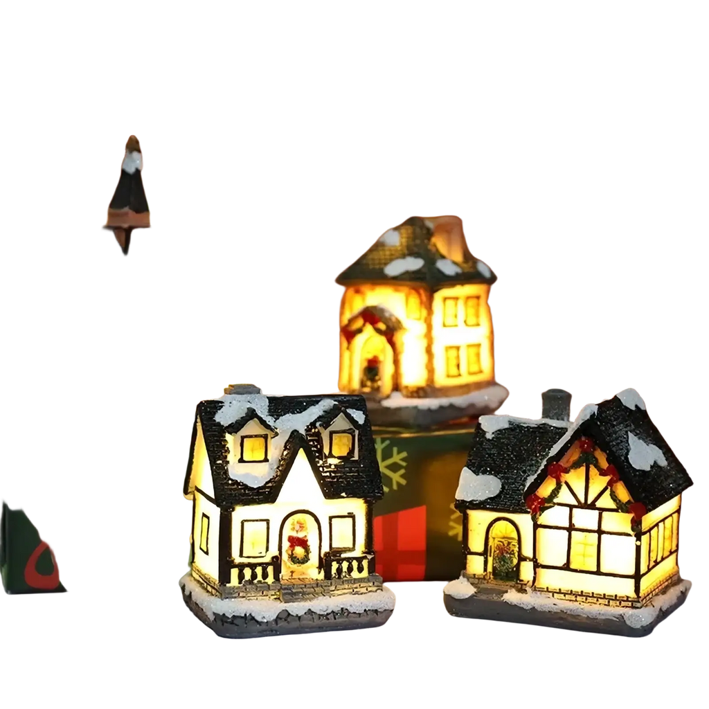 Led christmas village houses battery operated night light with four miniature snow-dusted roofs and glowing windows