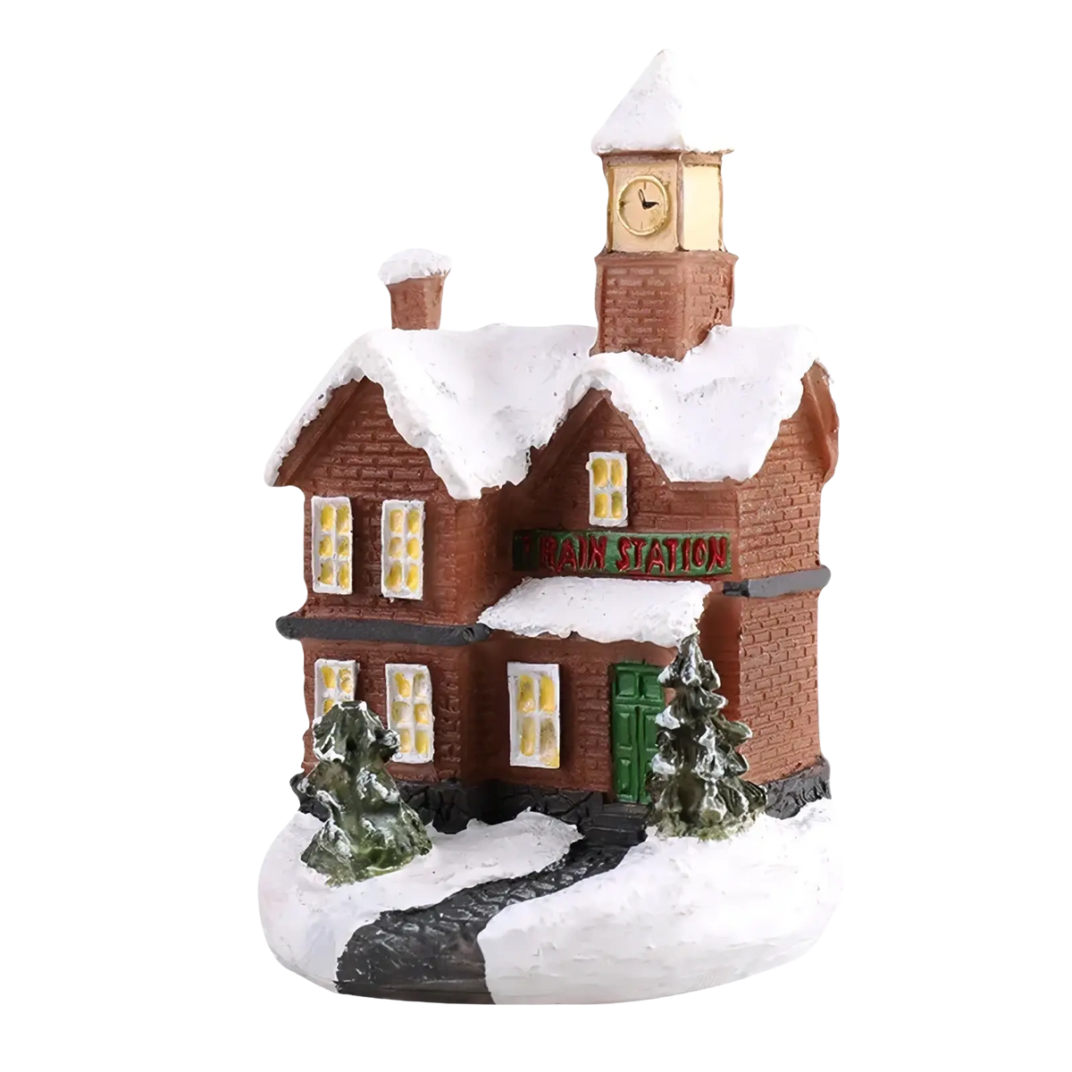Led christmas village houses battery operated night light miniature red brick train station with snow roof and glowing green windows