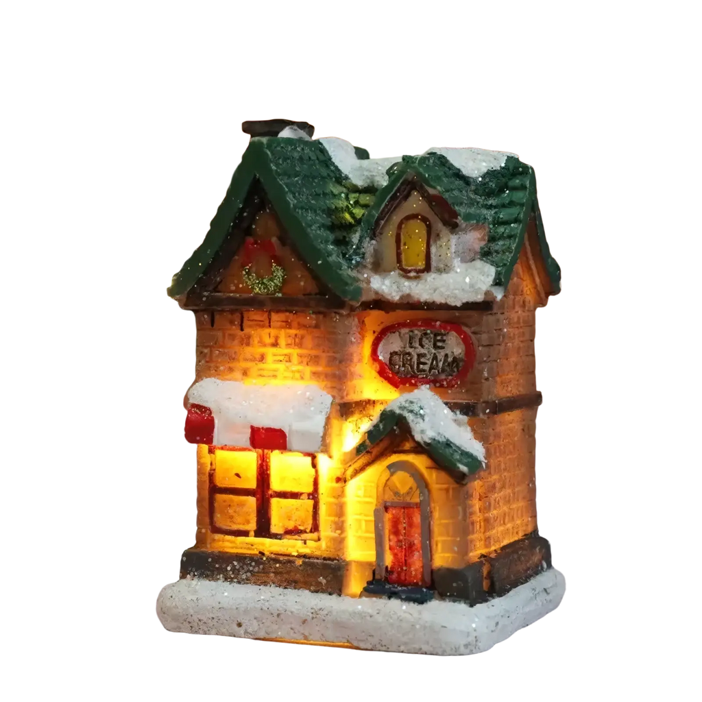 Led christmas village houses battery operated night light miniature ice cream shop with green roof brick facade and snow details