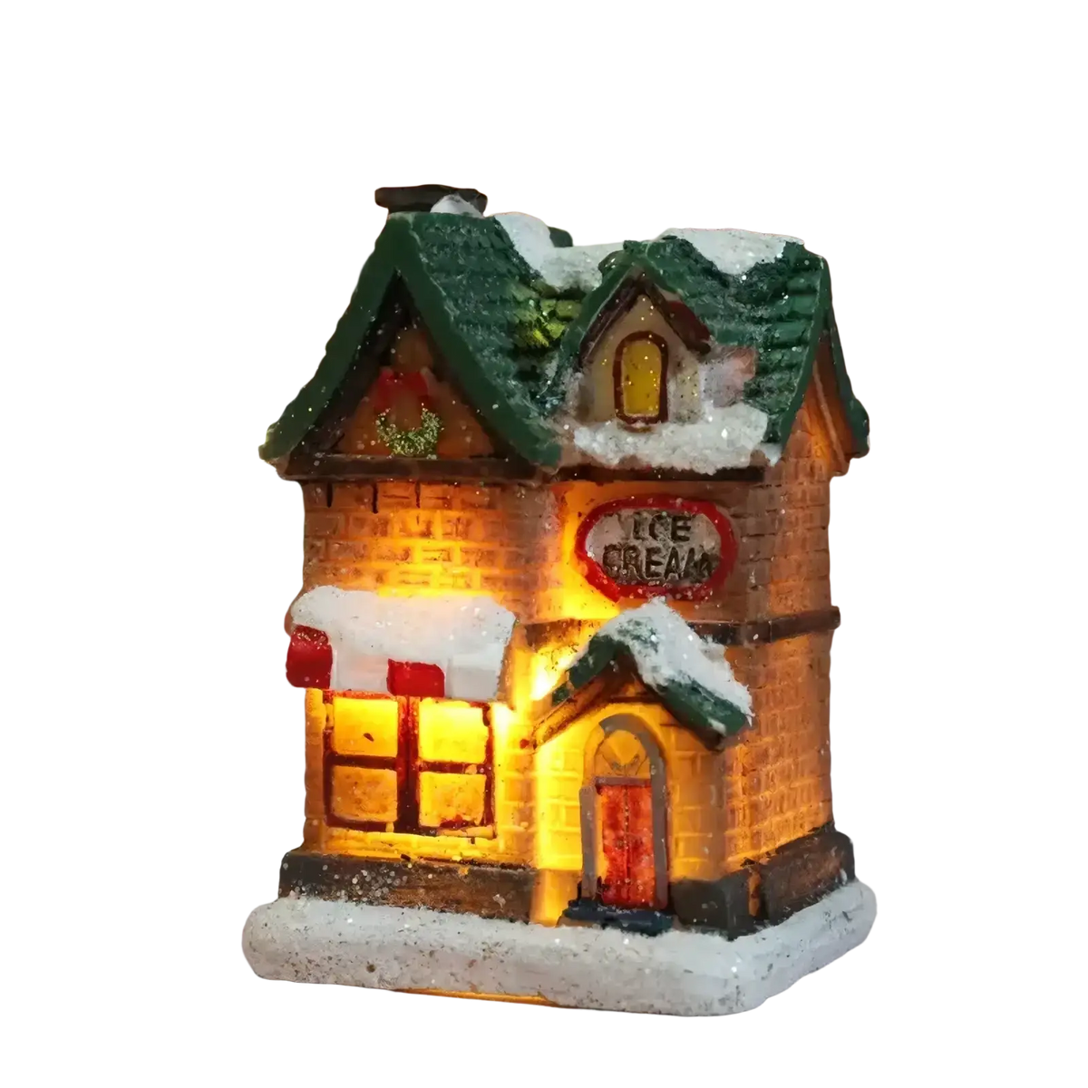 Miniature illuminated ice cream shop with green roof and brick facade in led christmas village battery operated night light