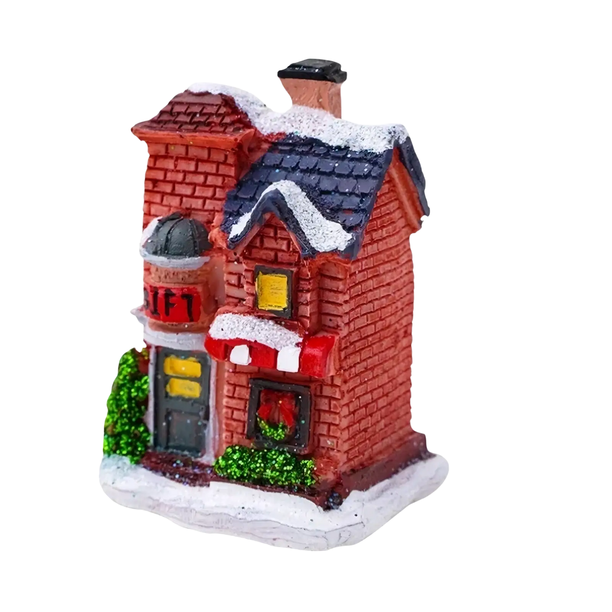 Led christmas village houses battery operated night light of red brick miniature fire station with blue roof and festive greenery