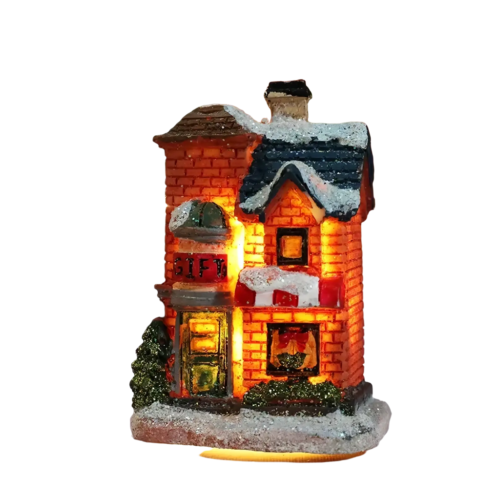 Led Christmas village houses battery operated night light featuring a warmly lit brick gift shop with snow and festive decor