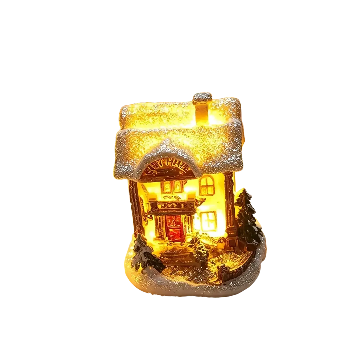 A warmly lit led christmas village house with snow-dusted roof and festive details battery operated night light