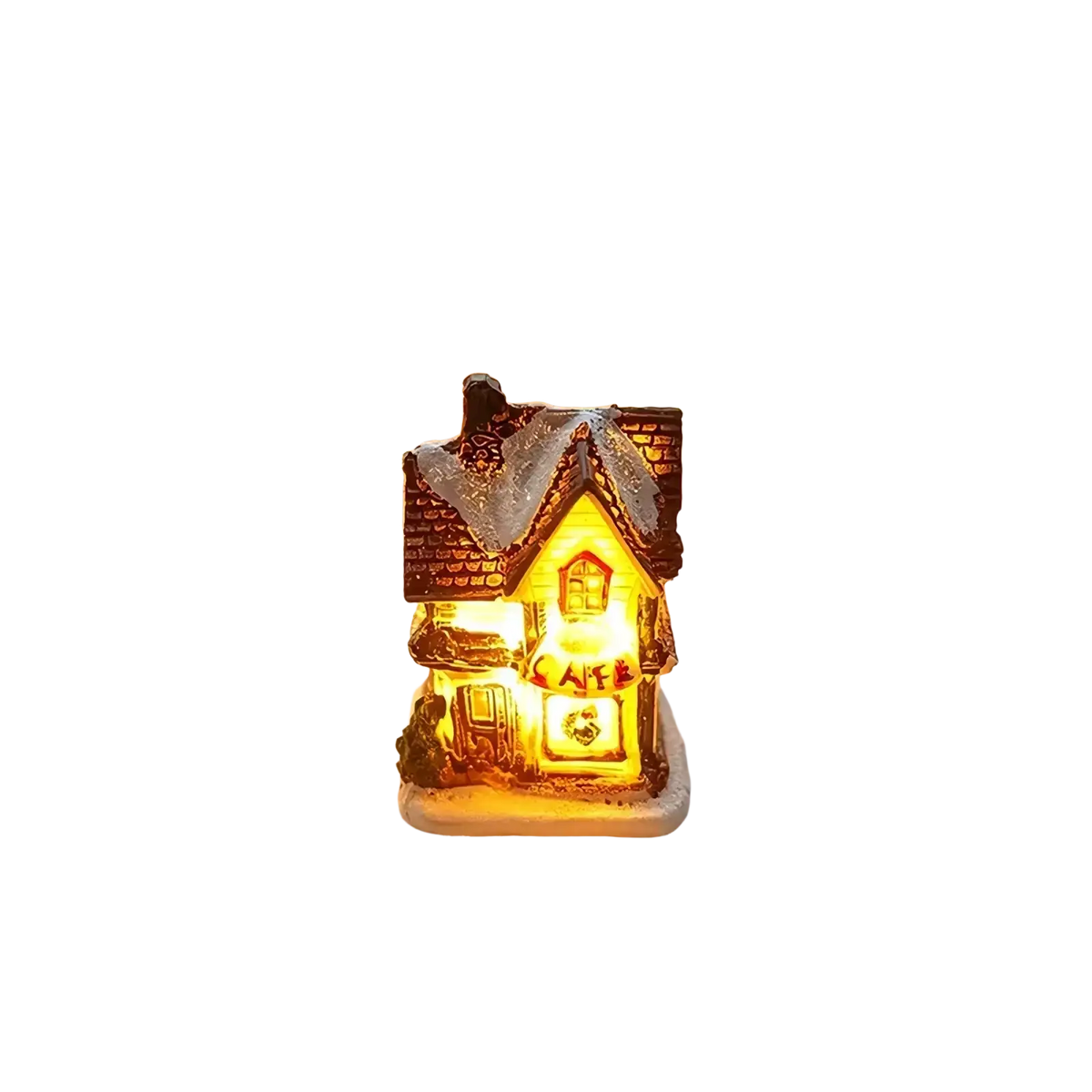 A warmly lit miniature ceramic cafe house with a snow-dusted roof and glowing yellow interior led christmas village night light