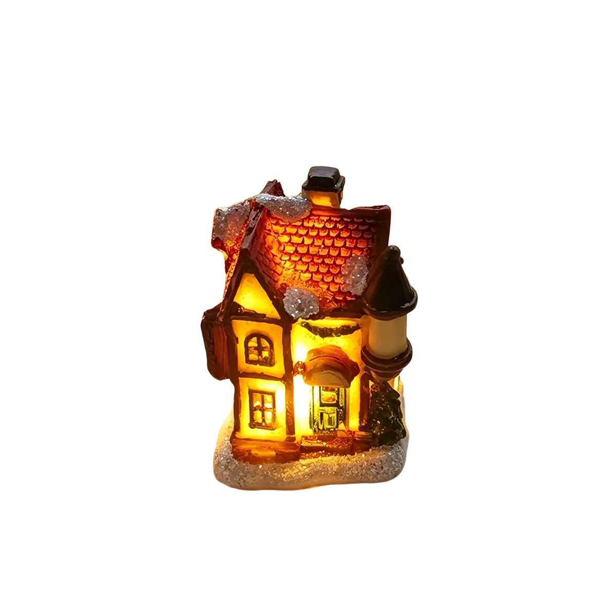 A warmly lit battery operated led ceramic Christmas village house with red tiled roof and snow dusted details