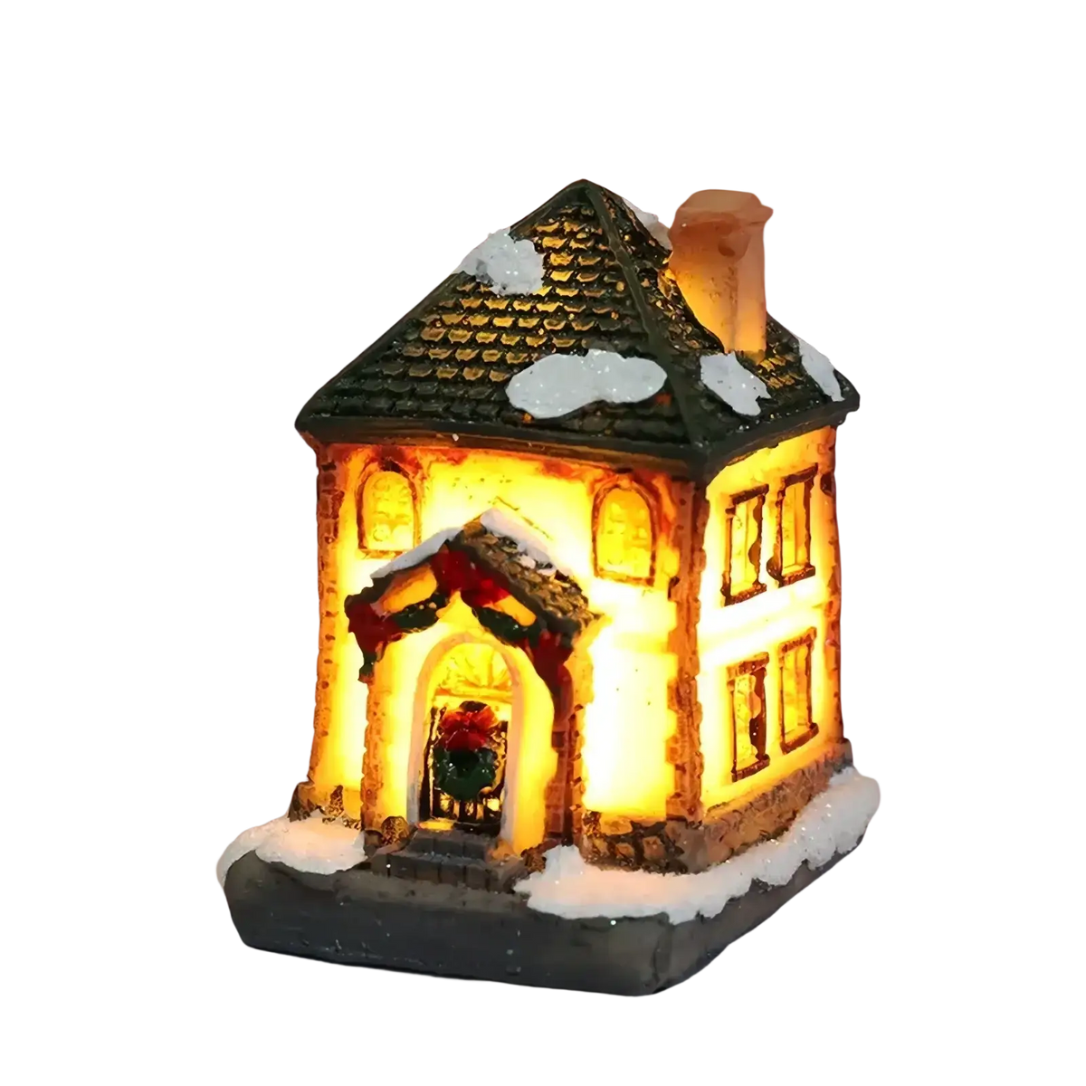 A warmly lit led christmas village house with a dark green tiled roof and snow-dusted festive garlands