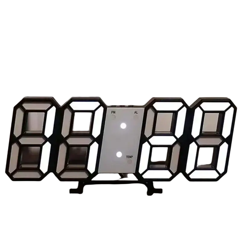 Black-framed led clock decor with glow night mode featuring illuminated white numerals and silver control panel labels