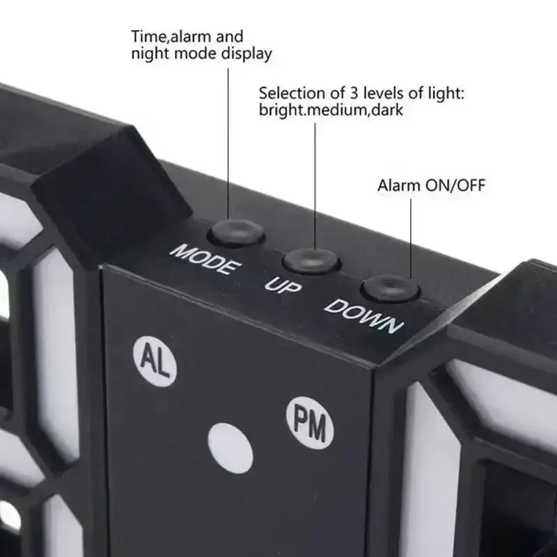 Black plastic led clock decor with three buttons for mode up down featuring glow night mode and adjustable electronic watch functions