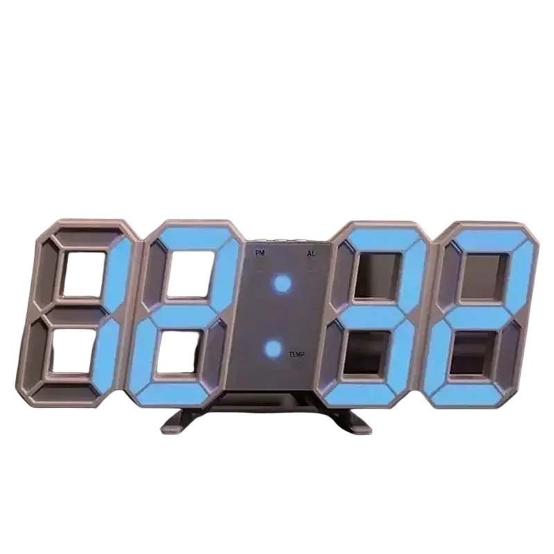 Blue led clock decor with metallic silver frame featuring a sleek design and glow night mode for adjustable electronic watch use