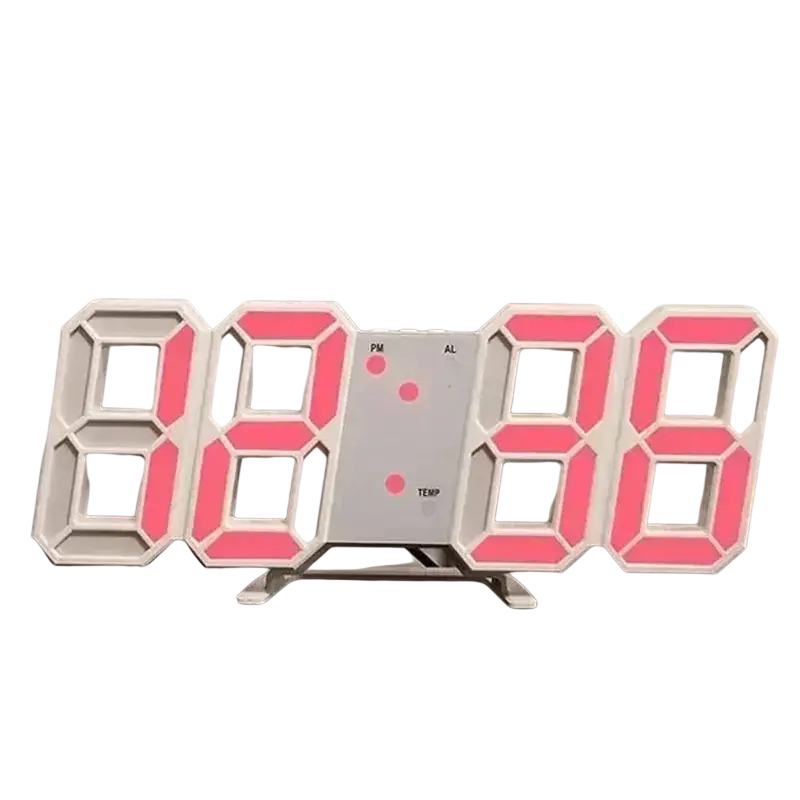 Pink led clock decor with white plastic frame and stand featuring glow night mode and adjustable electronic watch display