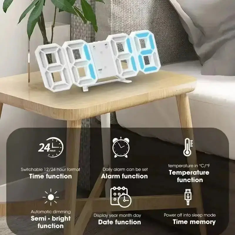 White led clock decor with blue illuminated numbers and glow night mode features an adjustable electronic watch design