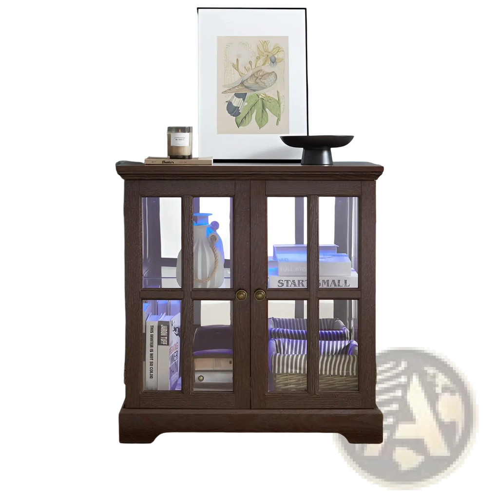Led curio display cabinet with adjustable shelves featuring dark wood two-door glass panels and brass handles