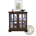 Led curio display cabinet with adjustable shelves featuring dark wood two-door glass panels and brass handles