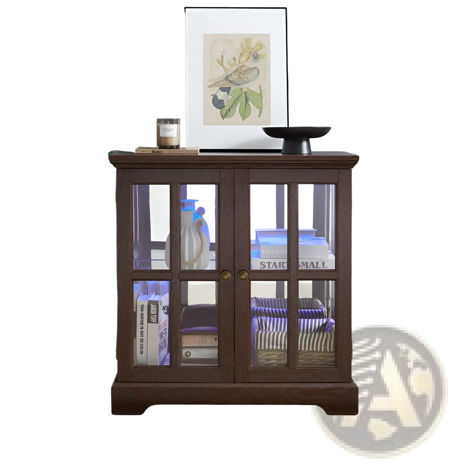 Led curio display cabinet with adjustable shelves featuring dark wood two-door glass panels and brass handles