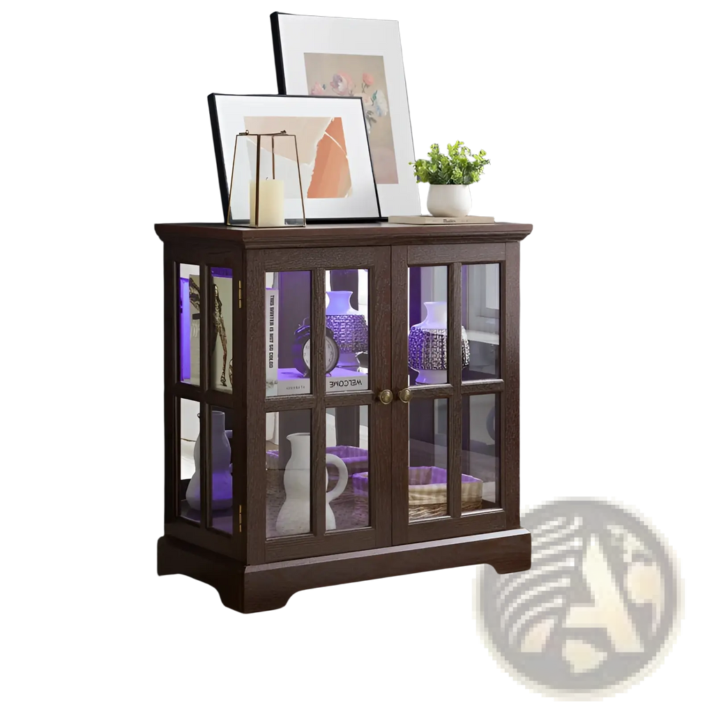 Led curio display cabinet with dark wood frame glass doors and purple interior led lighting with adjustable shelves