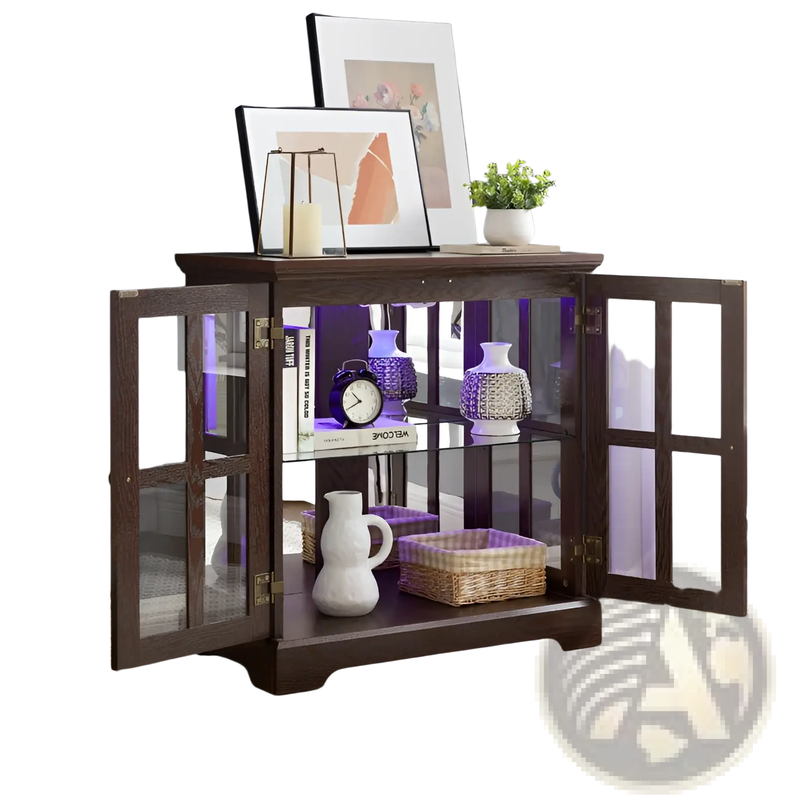 Led curio display cabinet in dark wood with glass doors and purple led lighting featuring adjustable shelves