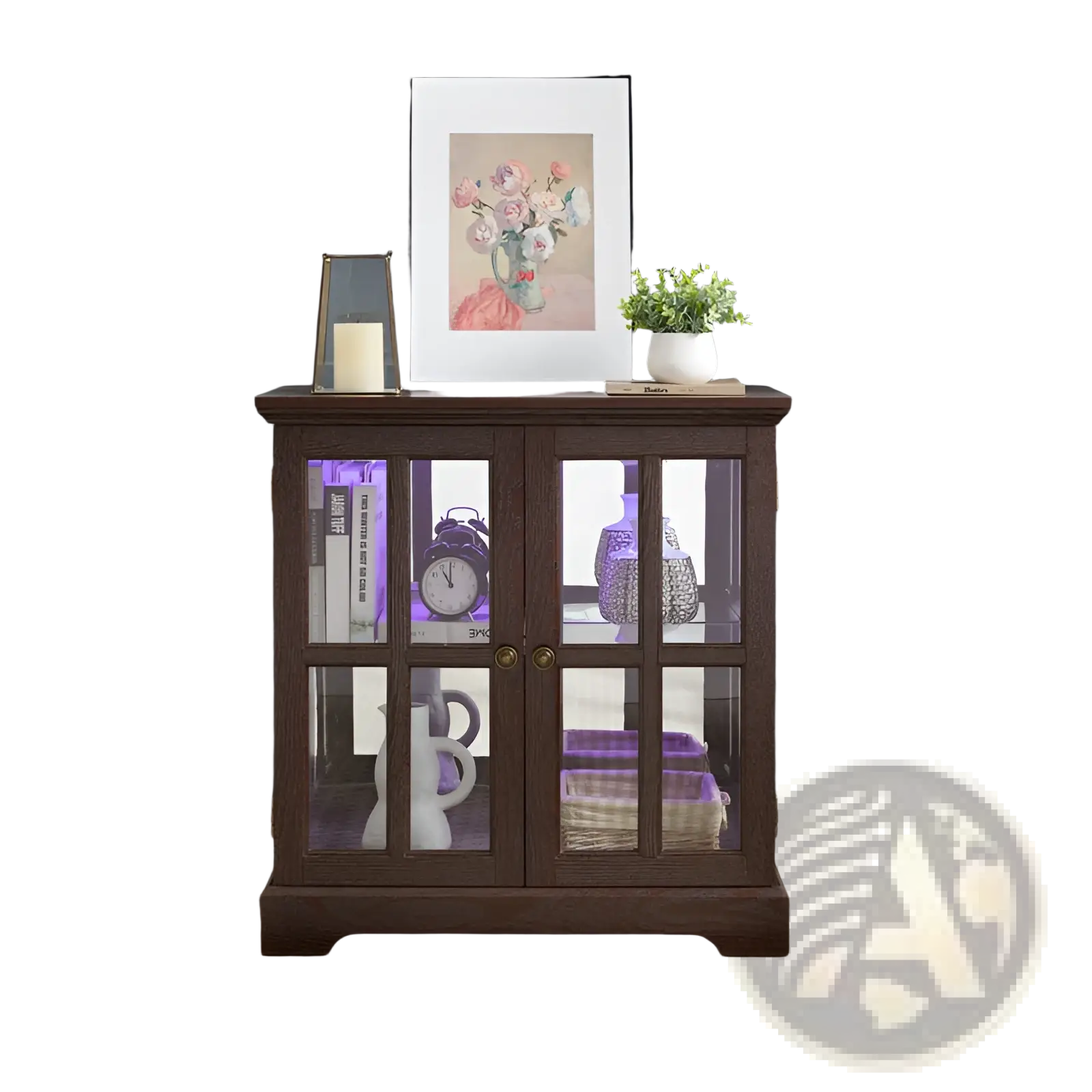 Dark wood led curio display cabinet with glass doors purple interior lighting and adjustable shelves