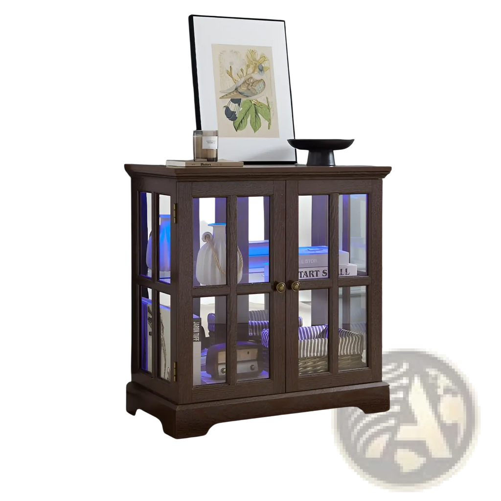 Led curio display cabinet in dark brown wood with glass doors gold toned handles and adjustable shelves