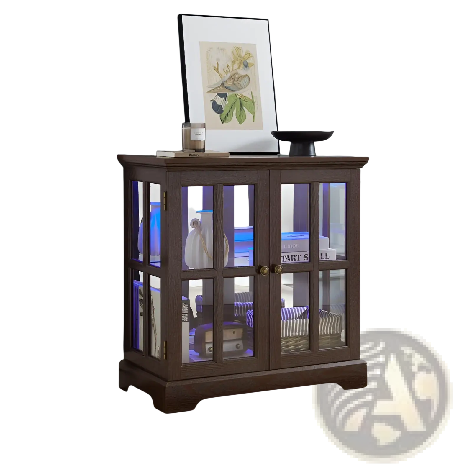 Led curio display cabinet in dark brown wood with glass doors gold toned handles and adjustable shelves