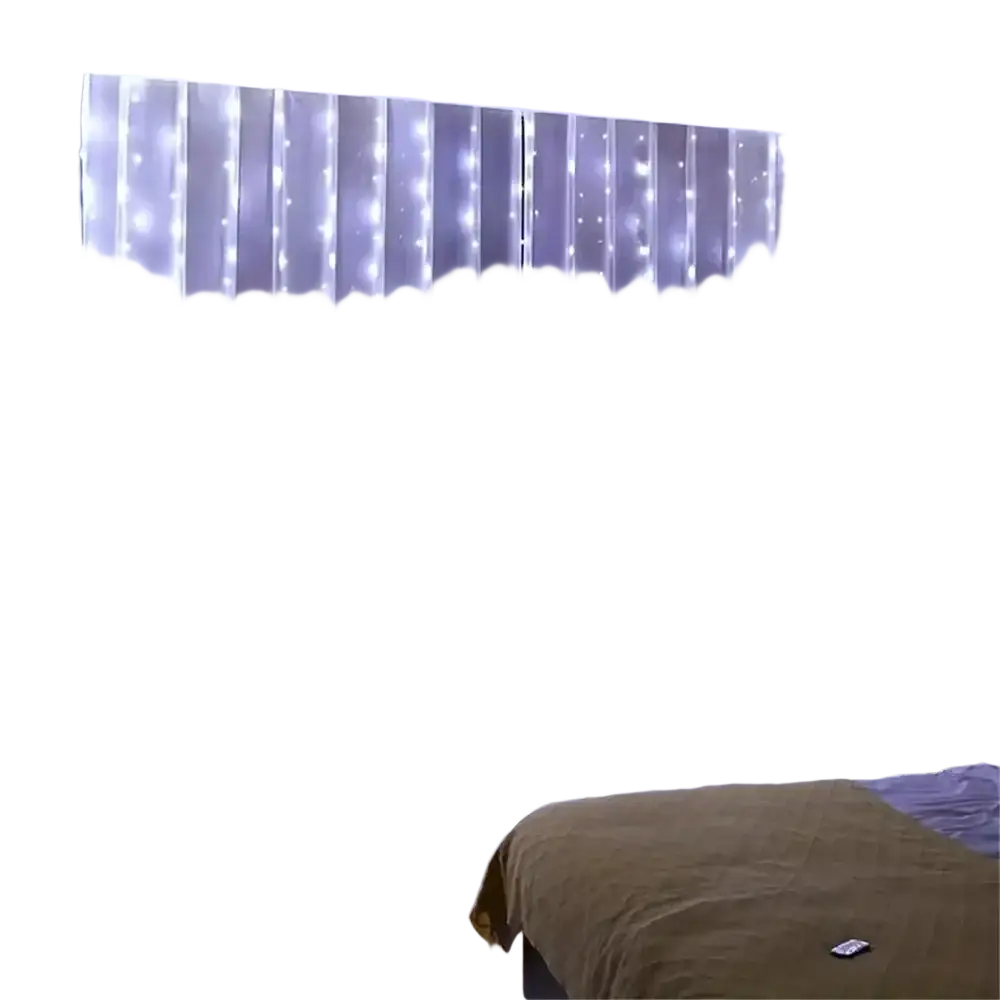 White led curtain fairy lights with usb remote softly glowing against sheer fabric for bedroom decor